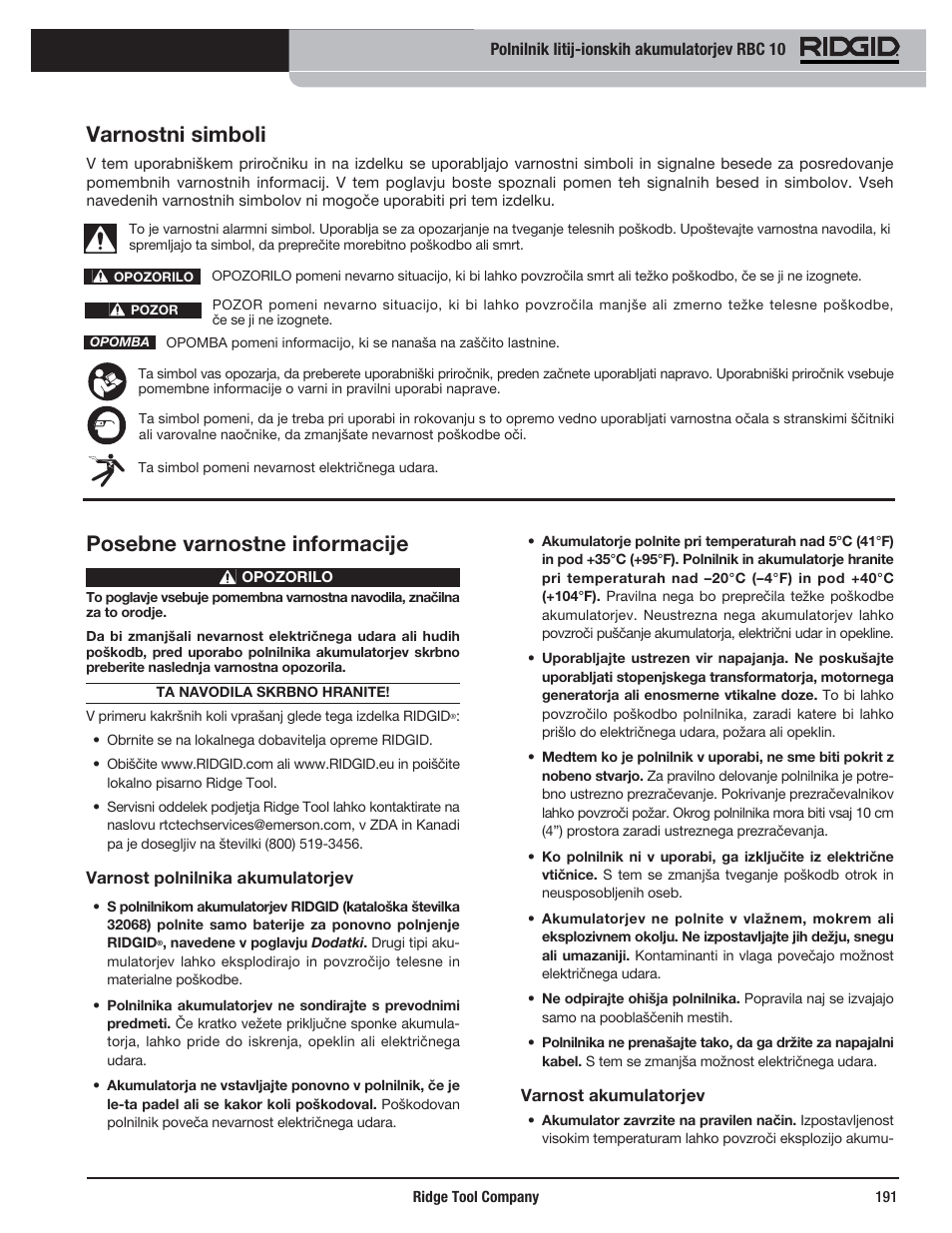 Posebne varnostne informacije, Varnostni simboli | RIDGID RBC 10 Li-Ion Charger User Manual | Page 193 / 221