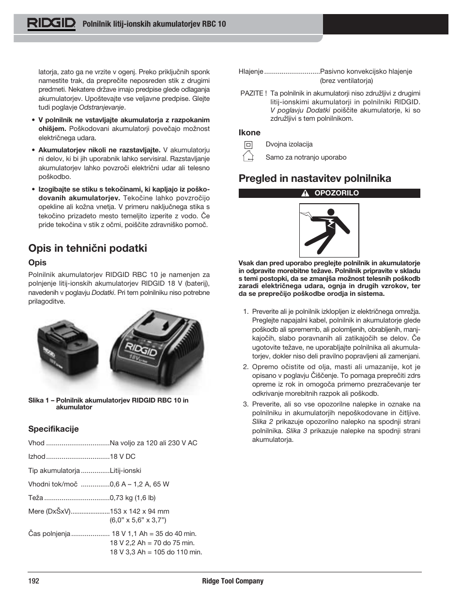 Opis in tehnični podatki, Pregled in nastavitev polnilnika | RIDGID RBC 10 Li-Ion Charger User Manual | Page 194 / 221