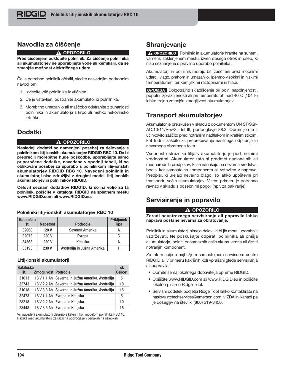 Shranjevanje, Transport akumulatorjev, Servisiranje in popravilo | Navodila za čiščenje, Dodatki | RIDGID RBC 10 Li-Ion Charger User Manual | Page 196 / 221