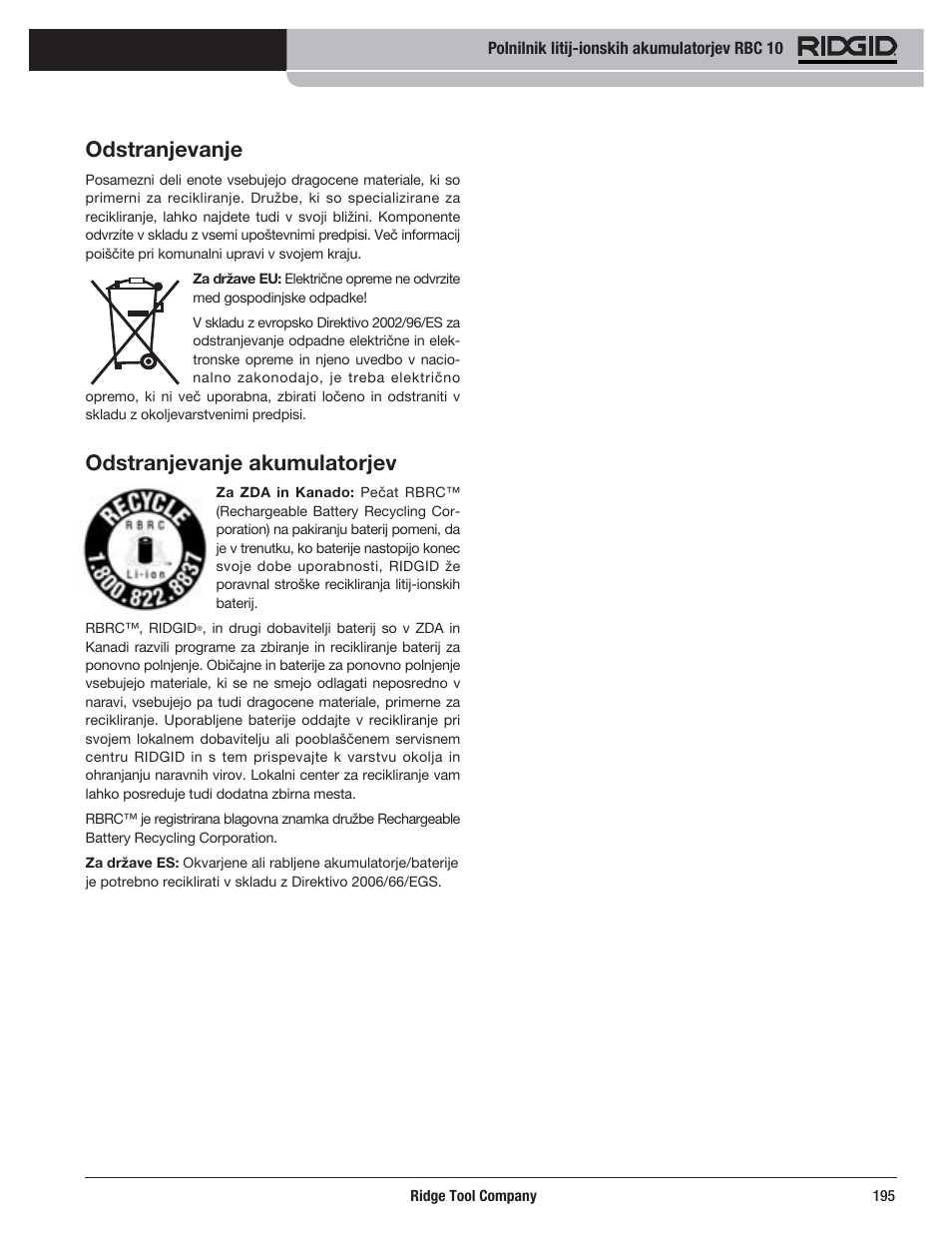 Odstranjevanje, Odstranjevanje akumulatorjev | RIDGID RBC 10 Li-Ion Charger User Manual | Page 197 / 221