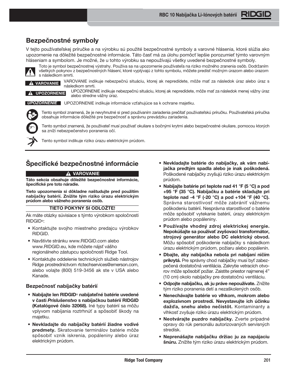 Špecifické bezpečnostné informácie, Bezpečnostné symboly | RIDGID RBC 10 Li-Ion Charger User Manual | Page 203 / 221