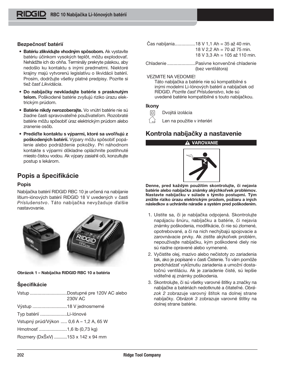 Popis a špecifikácie, Kontrola nabíjačky a nastavenie | RIDGID RBC 10 Li-Ion Charger User Manual | Page 204 / 221