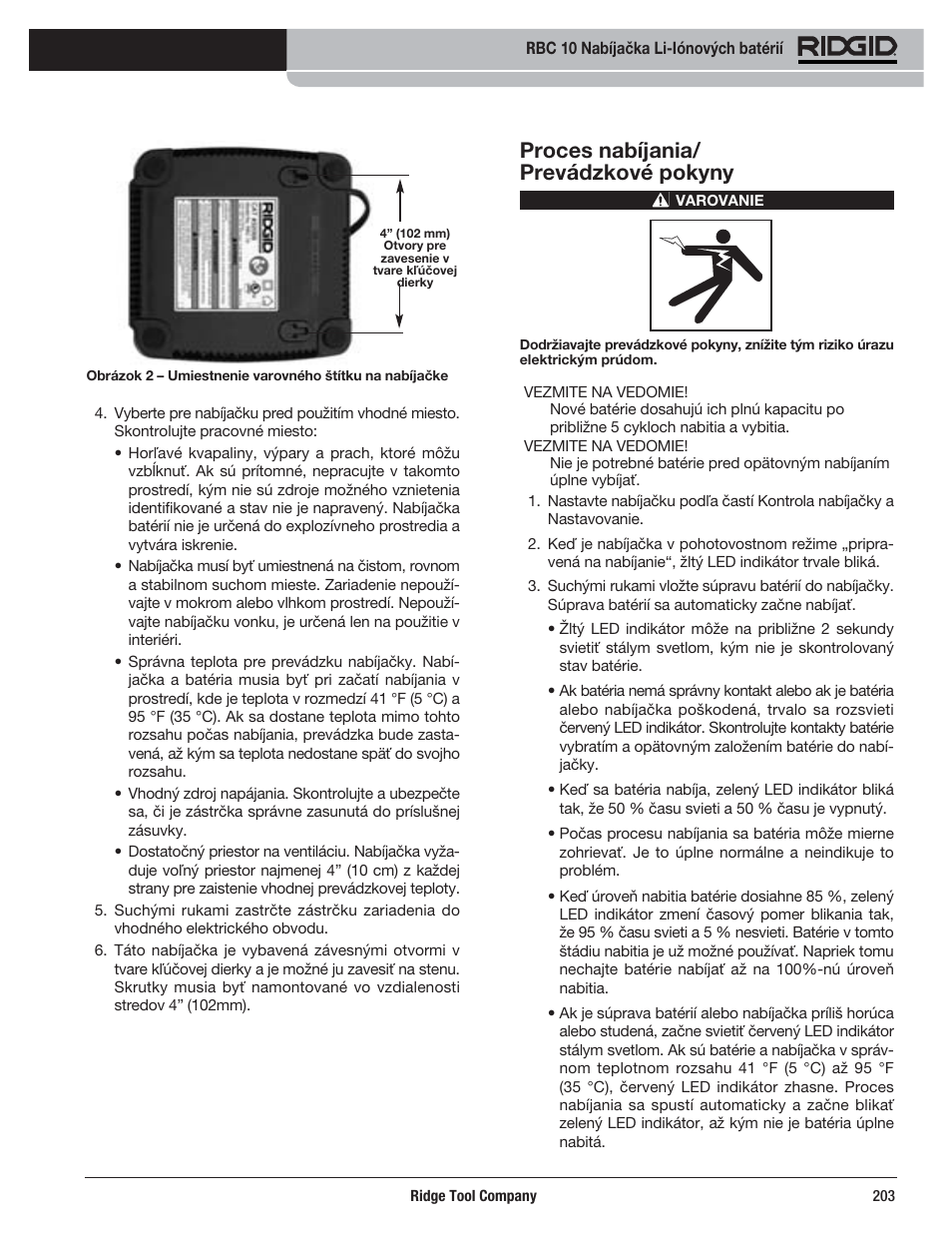 Proces nabíjania/ prevádzkové pokyny | RIDGID RBC 10 Li-Ion Charger User Manual | Page 205 / 221