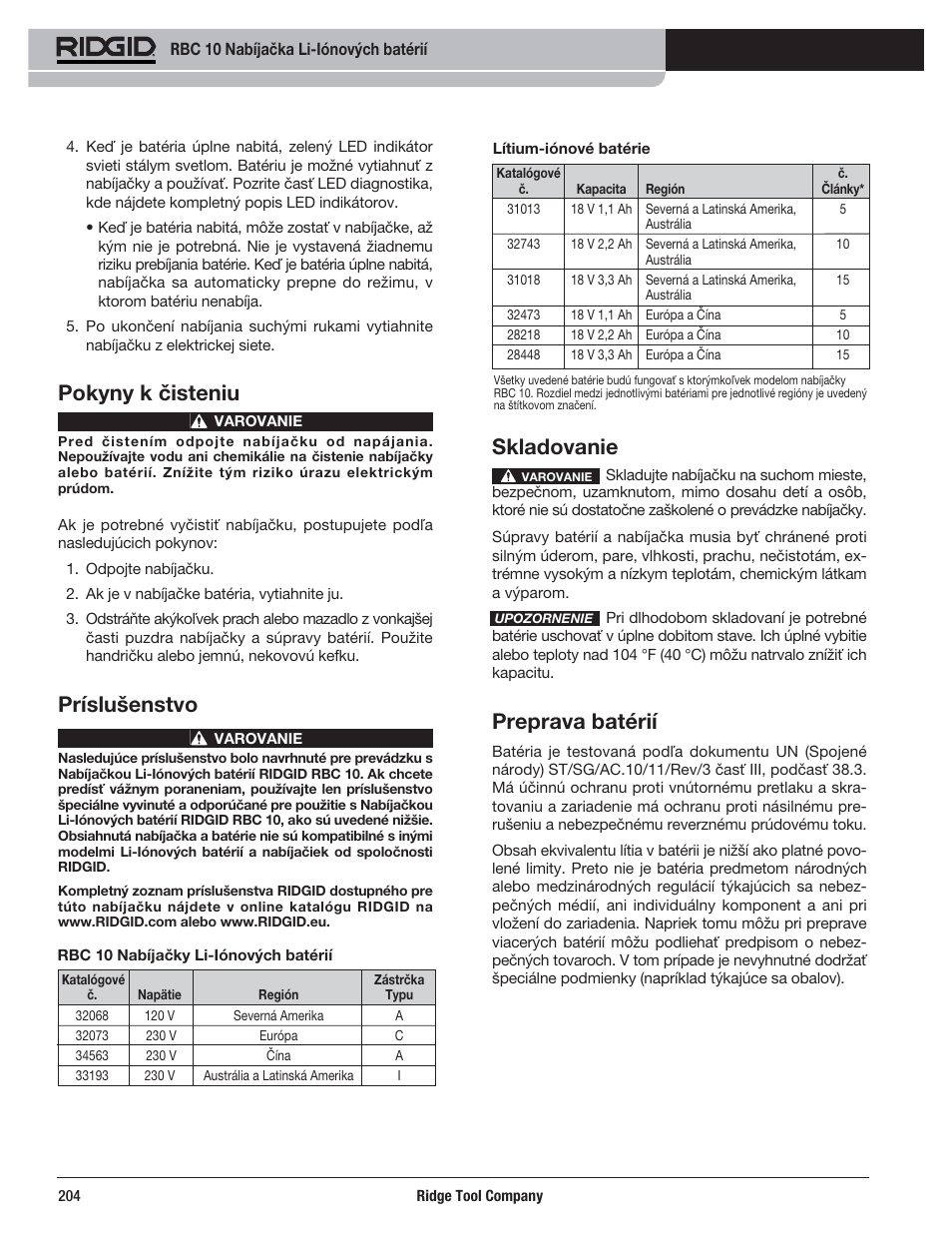 Skladovanie, Preprava batérií, Pokyny k čisteniu | Príslušenstvo | RIDGID RBC 10 Li-Ion Charger User Manual | Page 206 / 221