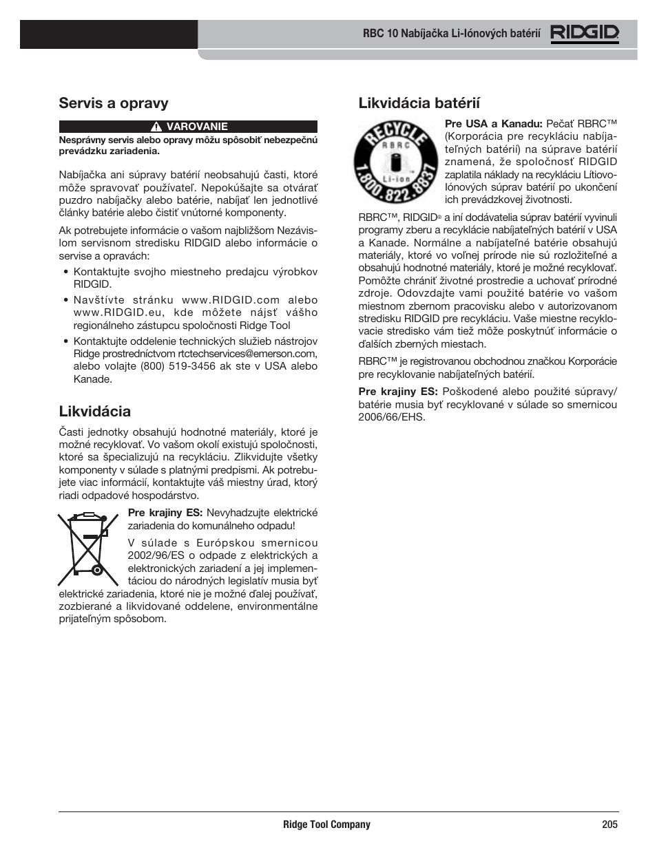 Likvidácia batérií, Servis a opravy, Likvidácia | RIDGID RBC 10 Li-Ion Charger User Manual | Page 207 / 221