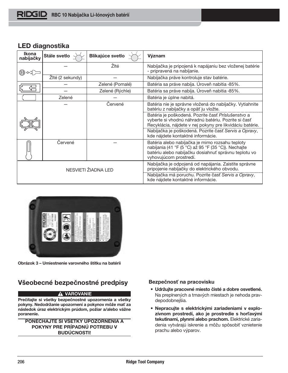 Led diagnostika, Všeobecné bezpečnostné predpisy | RIDGID RBC 10 Li-Ion Charger User Manual | Page 208 / 221