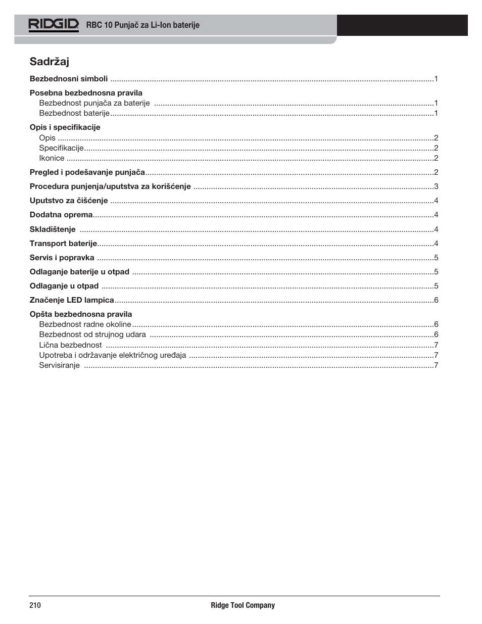 Sadržaj | RIDGID RBC 10 Li-Ion Charger User Manual | Page 212 / 221