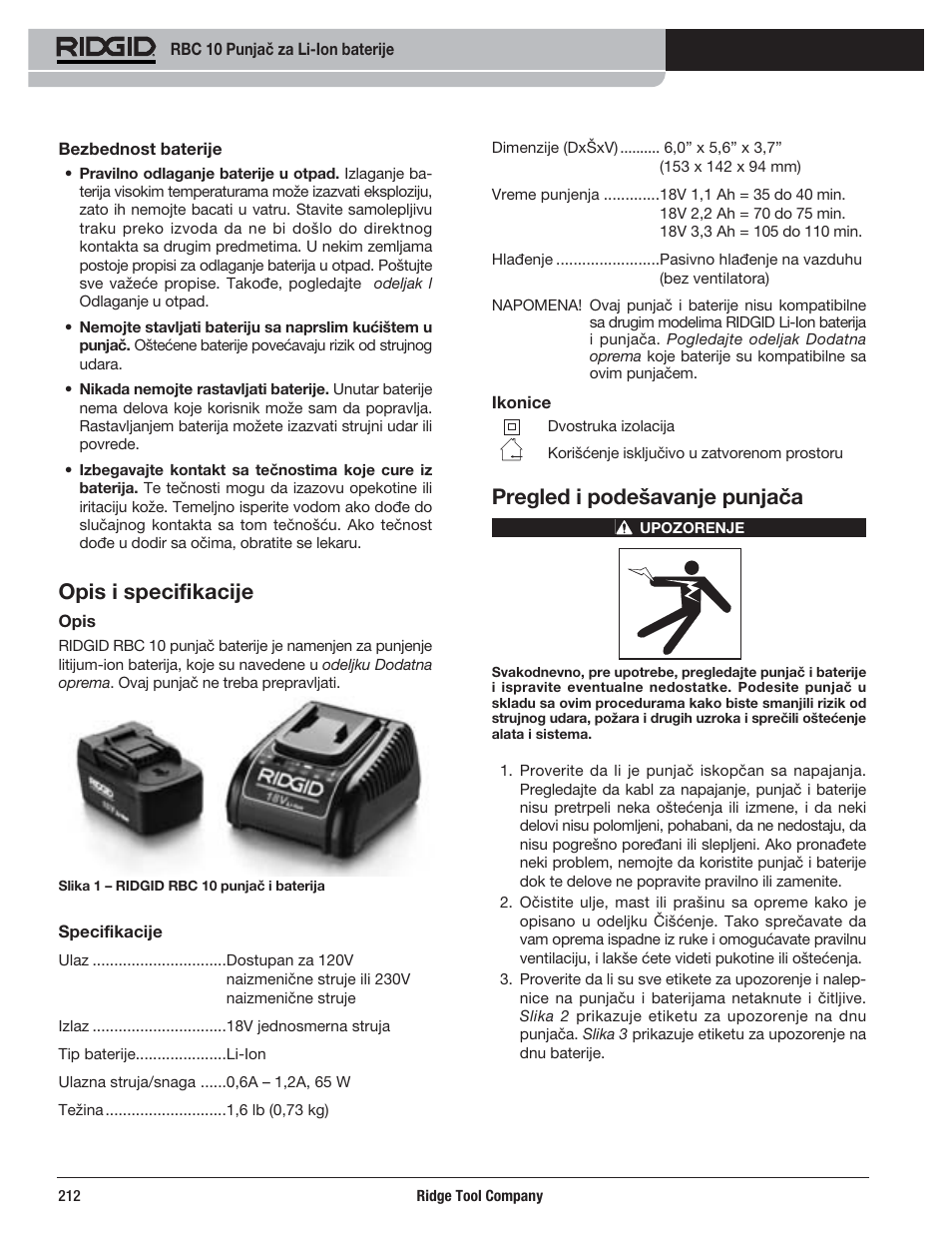 Opis i specifikacije, Pregled i podešavanje punjača | RIDGID RBC 10 Li-Ion Charger User Manual | Page 214 / 221