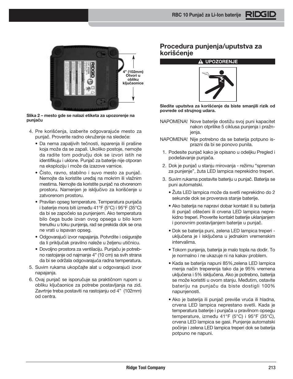 Procedura punjenja/uputstva za korišćenje | RIDGID RBC 10 Li-Ion Charger User Manual | Page 215 / 221