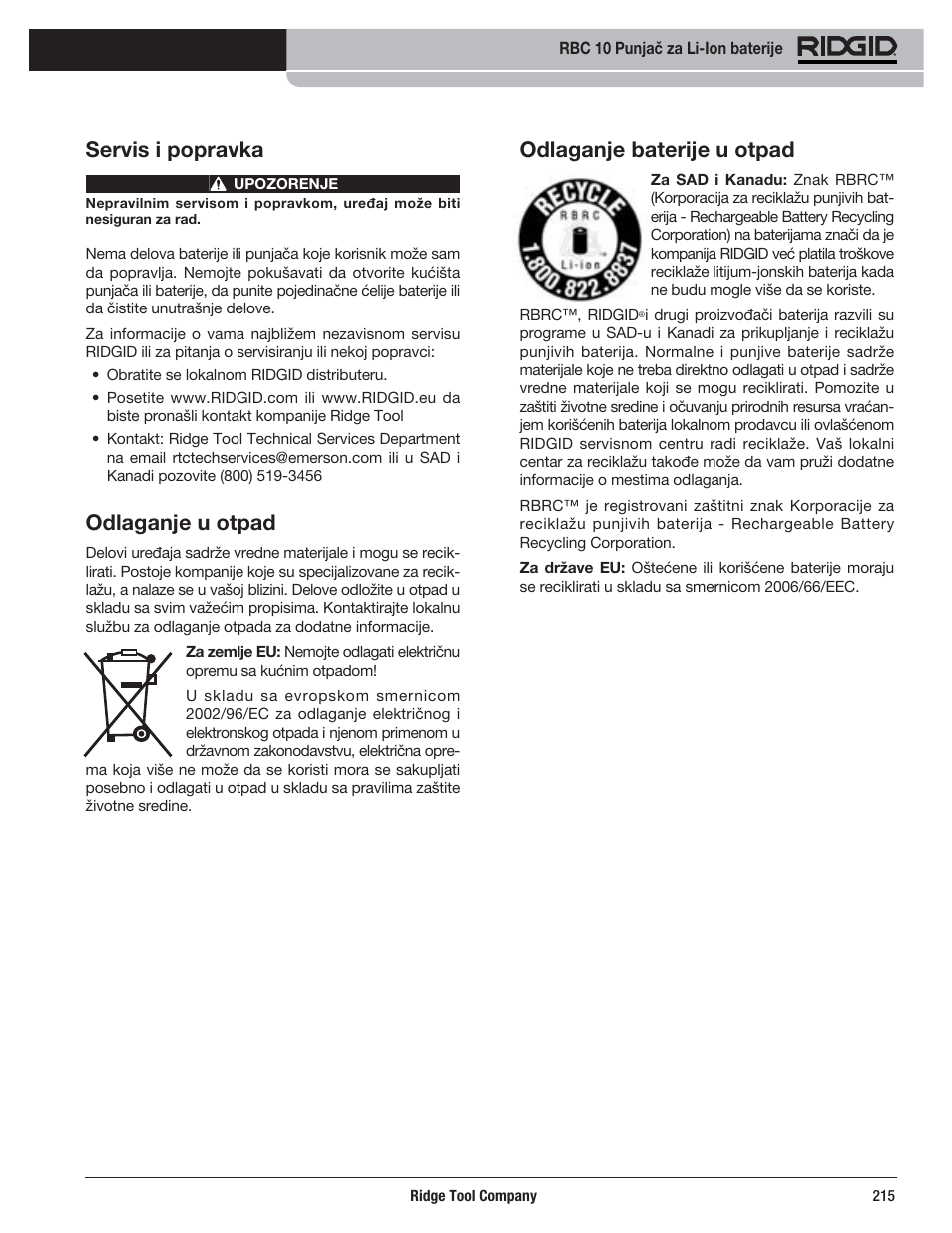 Odlaganje baterije u otpad, Servis i popravka, Odlaganje u otpad | RIDGID RBC 10 Li-Ion Charger User Manual | Page 217 / 221