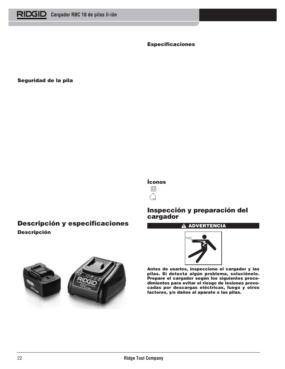 Inspección y preparación del cargador, Descripción y especificaciones | RIDGID RBC 10 Li-Ion Charger User Manual | Page 24 / 221