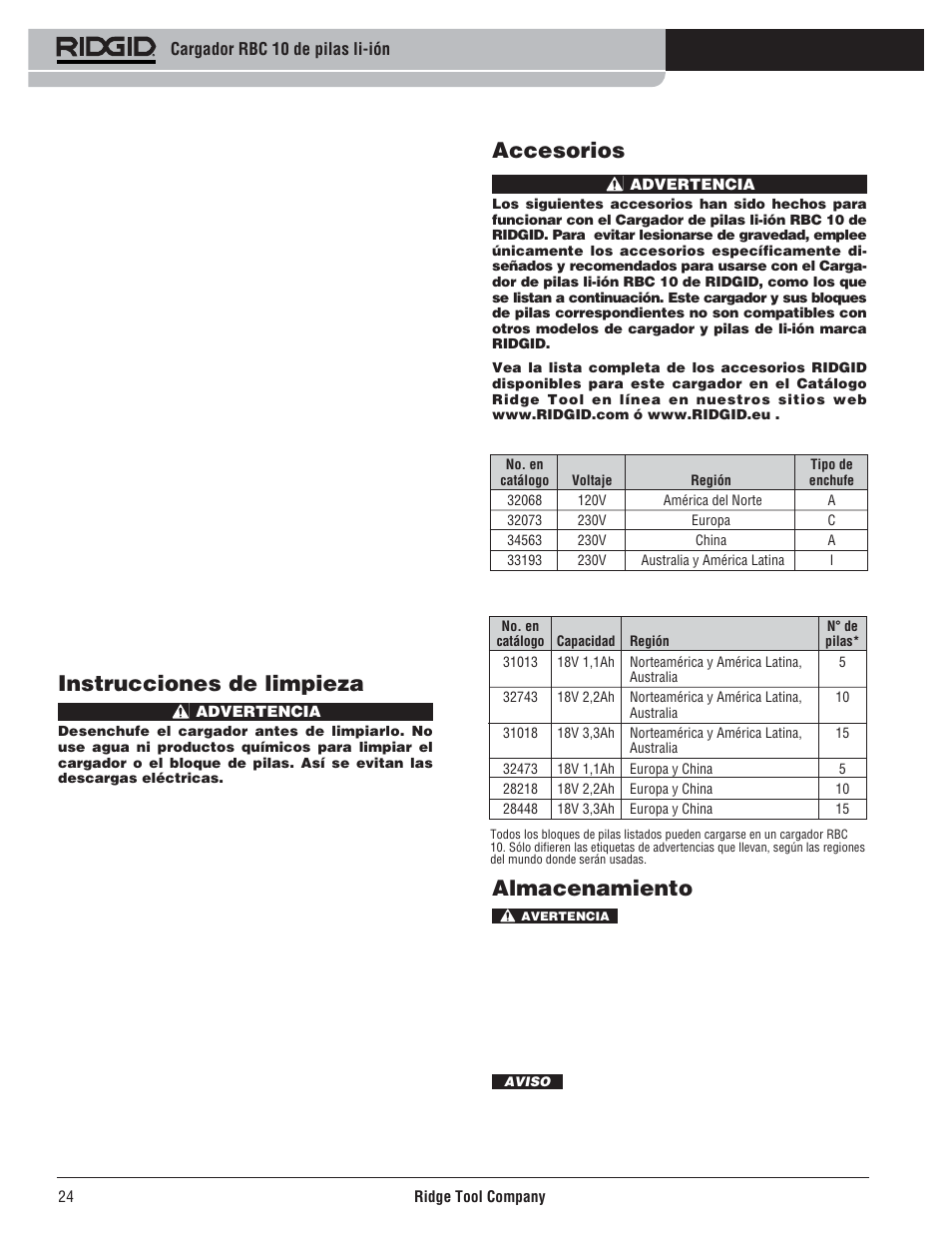 Accesorios, Almacenamiento, Instrucciones de limpieza | RIDGID RBC 10 Li-Ion Charger User Manual | Page 26 / 221