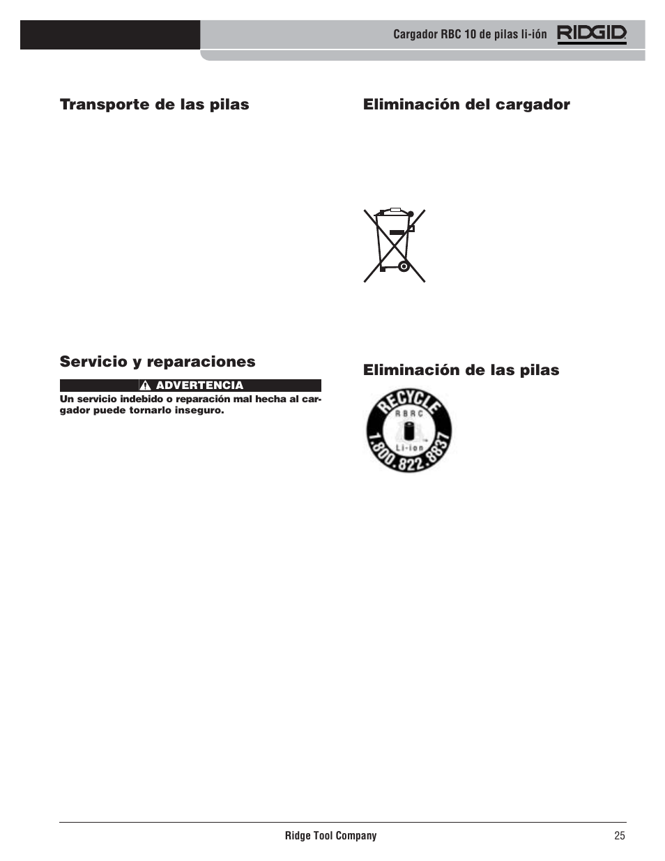 Eliminación del cargador, Eliminación de las pilas, Transporte de las pilas | Servicio y reparaciones | RIDGID RBC 10 Li-Ion Charger User Manual | Page 27 / 221