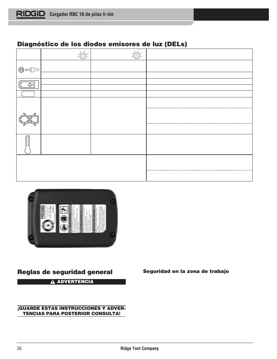 Diagnóstico de los diodos emisores de luz (dels), Reglas de seguridad general | RIDGID RBC 10 Li-Ion Charger User Manual | Page 28 / 221