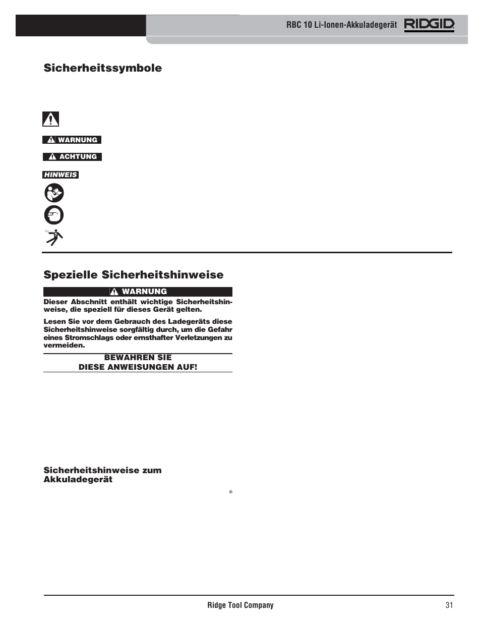 Spezielle sicherheitshinweise, Sicherheitssymbole | RIDGID RBC 10 Li-Ion Charger User Manual | Page 33 / 221