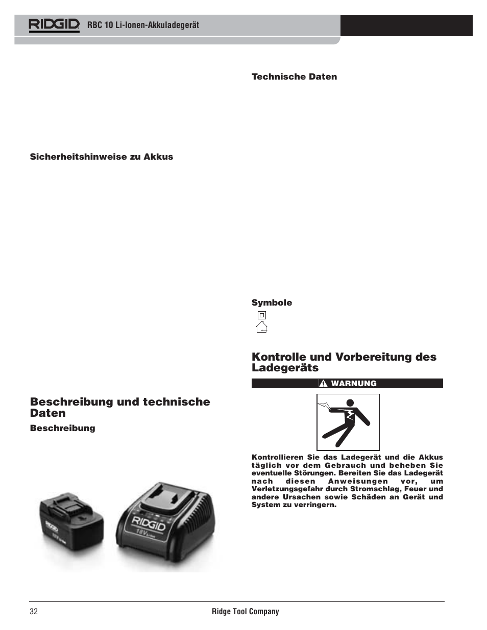 Beschreibung und technische daten, Kontrolle und vorbereitung des ladegeräts | RIDGID RBC 10 Li-Ion Charger User Manual | Page 34 / 221