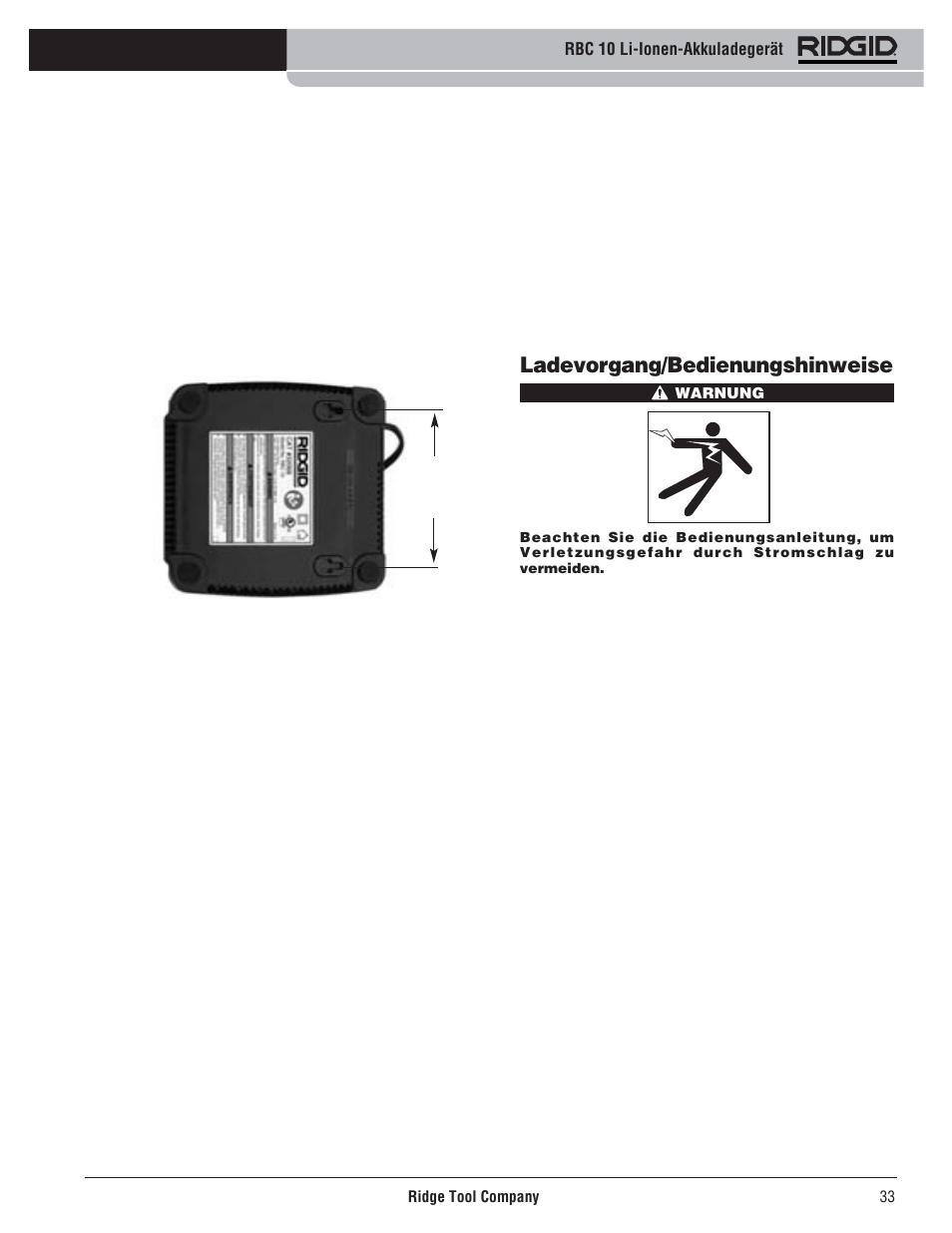 Ladevorgang/bedienungshinweise | RIDGID RBC 10 Li-Ion Charger User Manual | Page 35 / 221