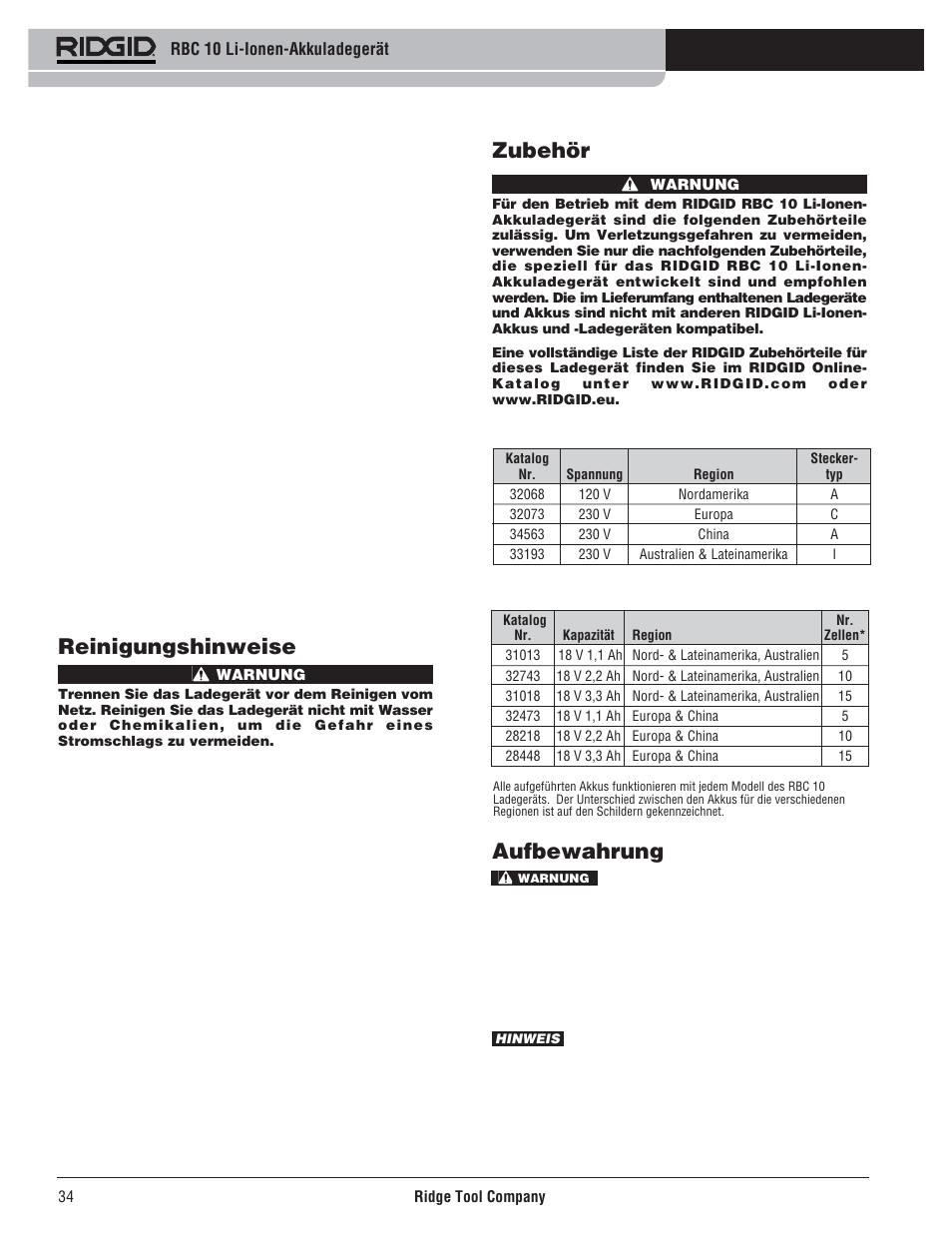 Zubehör, Aufbewahrung, Reinigungshinweise | RIDGID RBC 10 Li-Ion Charger User Manual | Page 36 / 221