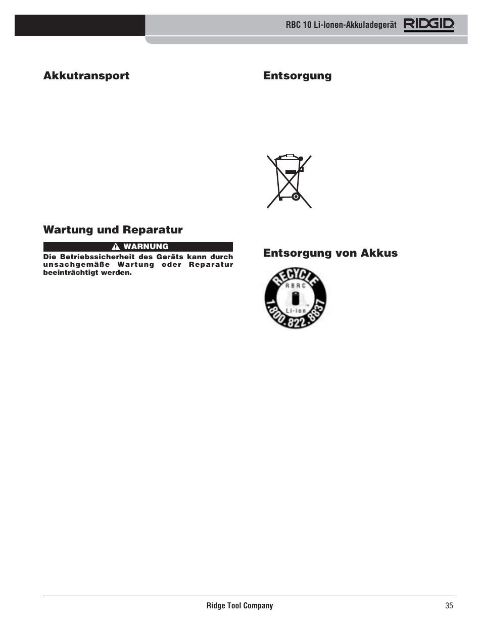 Entsorgung, Entsorgung von akkus, Akkutransport | Wartung und reparatur | RIDGID RBC 10 Li-Ion Charger User Manual | Page 37 / 221