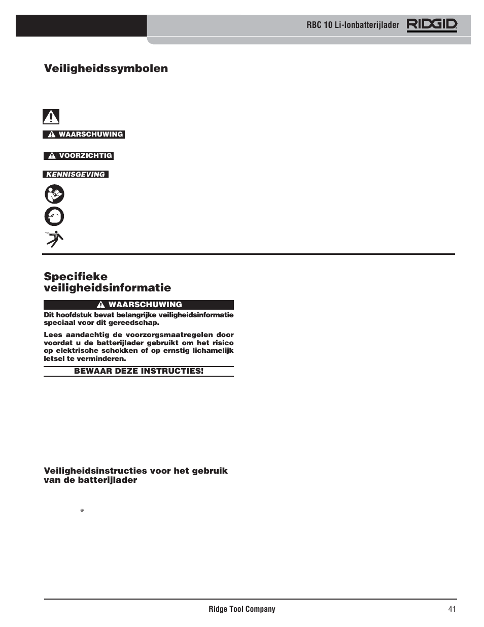 Specifieke veiligheidsinformatie, Veiligheidssymbolen | RIDGID RBC 10 Li-Ion Charger User Manual | Page 43 / 221