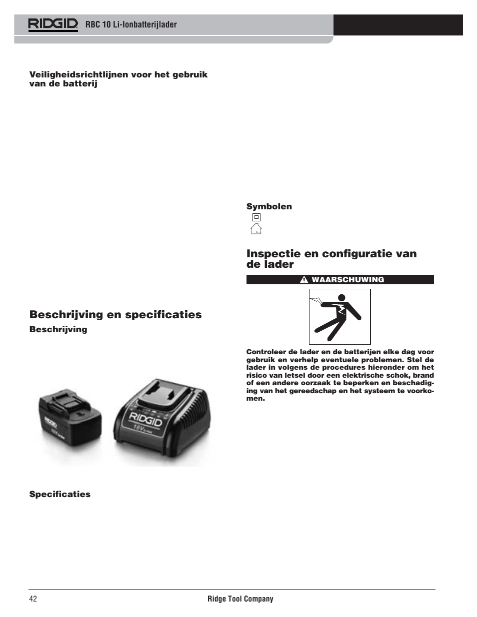 Beschrijving en specificaties, Inspectie en configuratie van de lader | RIDGID RBC 10 Li-Ion Charger User Manual | Page 44 / 221