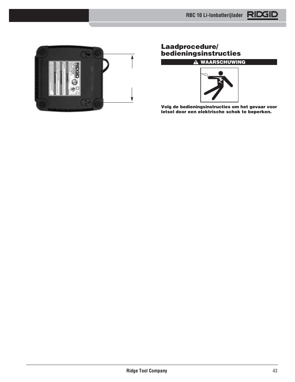 Laadprocedure/ bedieningsinstructies | RIDGID RBC 10 Li-Ion Charger User Manual | Page 45 / 221