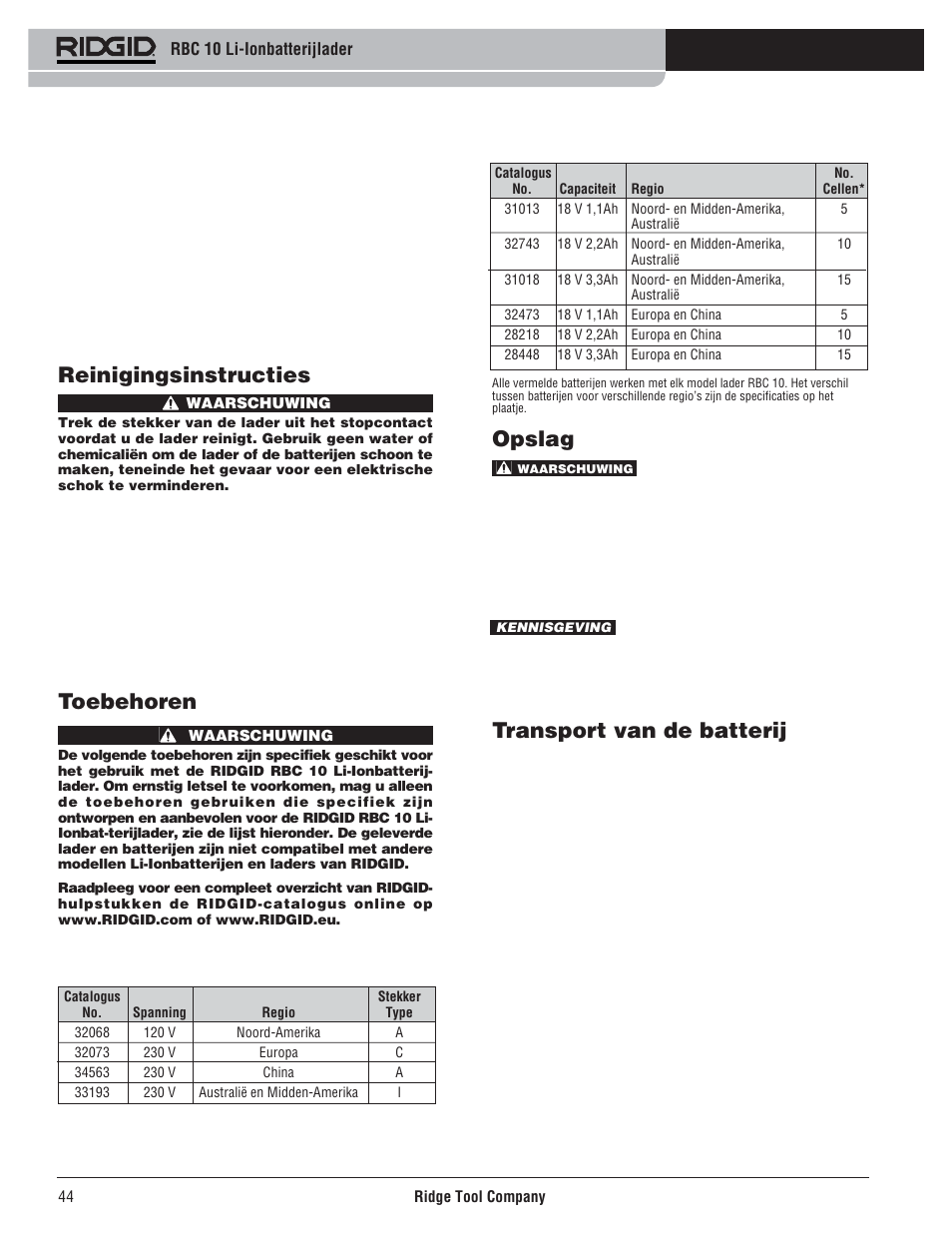 Opslag, Transport van de batterij, Reinigingsinstructies | Toebehoren | RIDGID RBC 10 Li-Ion Charger User Manual | Page 46 / 221