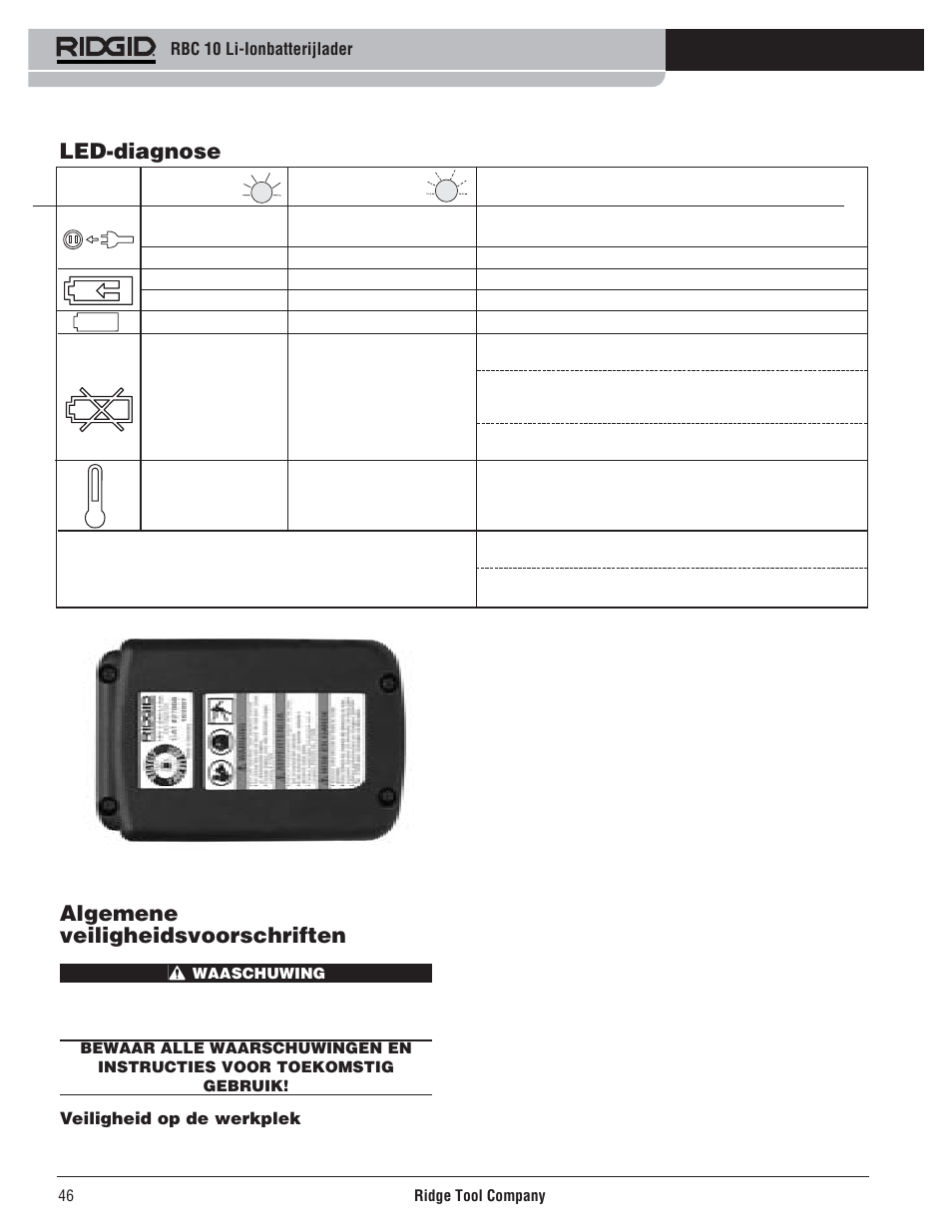 Led-diagnose, Algemene veiligheidsvoorschriften | RIDGID RBC 10 Li-Ion Charger User Manual | Page 48 / 221