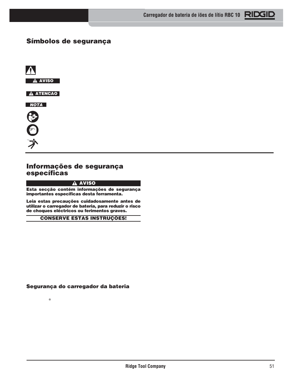 Informações de segurança específicas, Símbolos de segurança | RIDGID RBC 10 Li-Ion Charger User Manual | Page 53 / 221