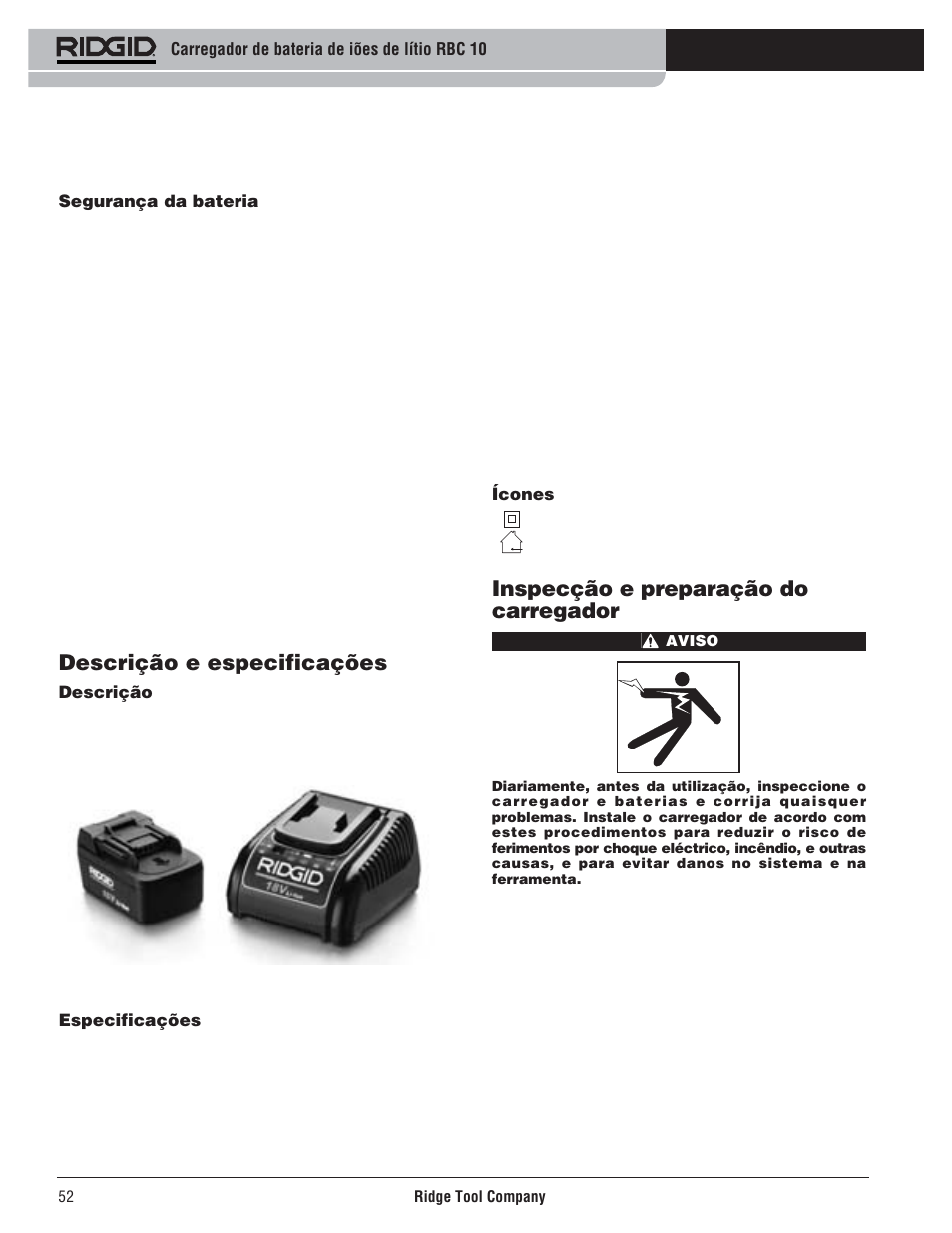 Descrição e especificações, Inspecção e preparação do carregador | RIDGID RBC 10 Li-Ion Charger User Manual | Page 54 / 221