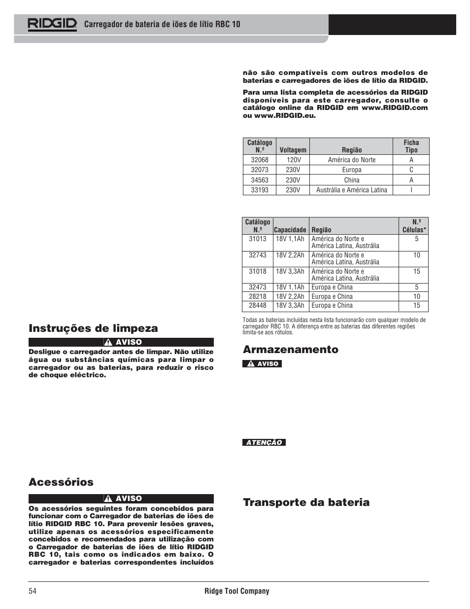 Armazenamento, Transporte da bateria, Instruções de limpeza | Acessórios | RIDGID RBC 10 Li-Ion Charger User Manual | Page 56 / 221