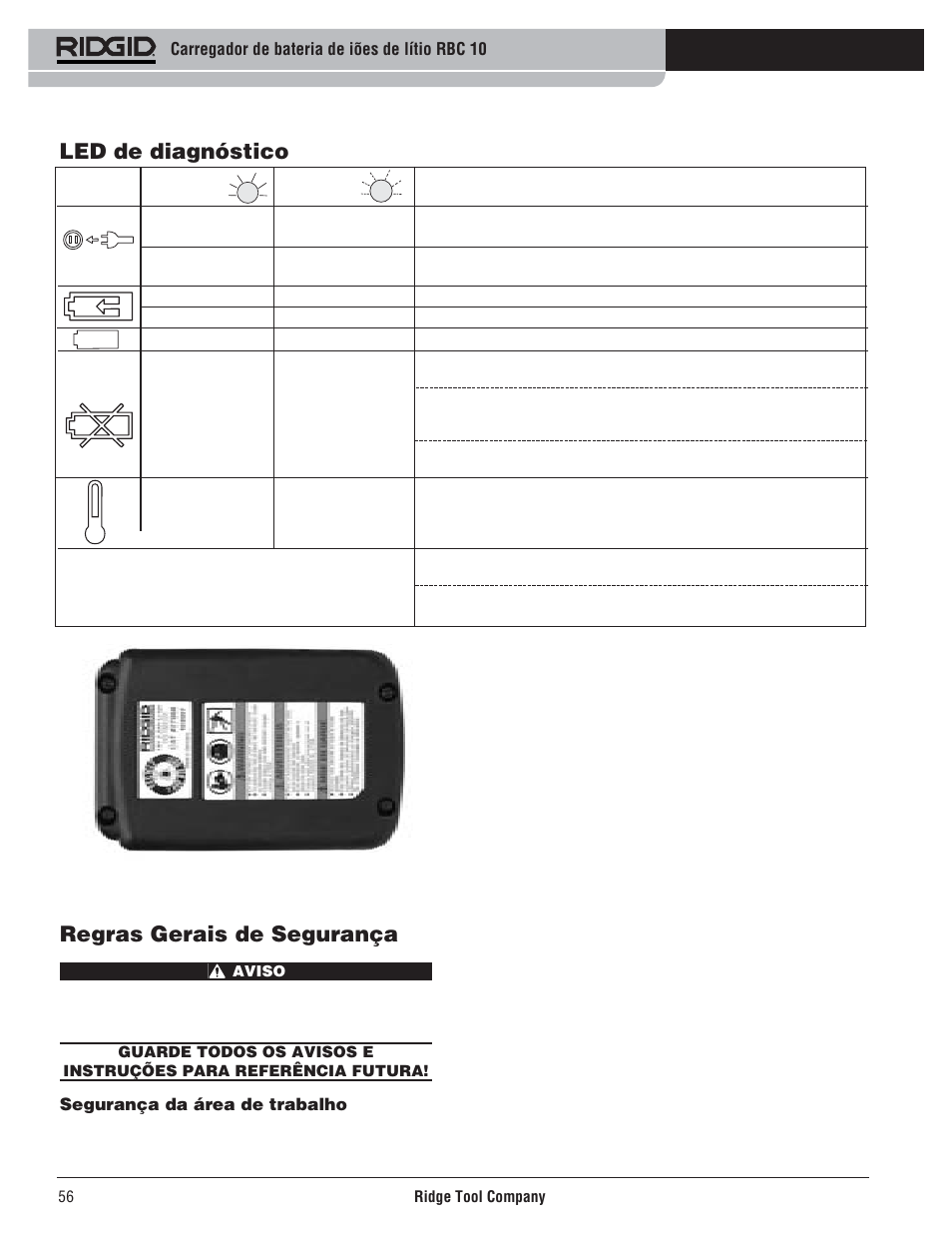 Led de diagnóstico, Regras gerais de segurança | RIDGID RBC 10 Li-Ion Charger User Manual | Page 58 / 221