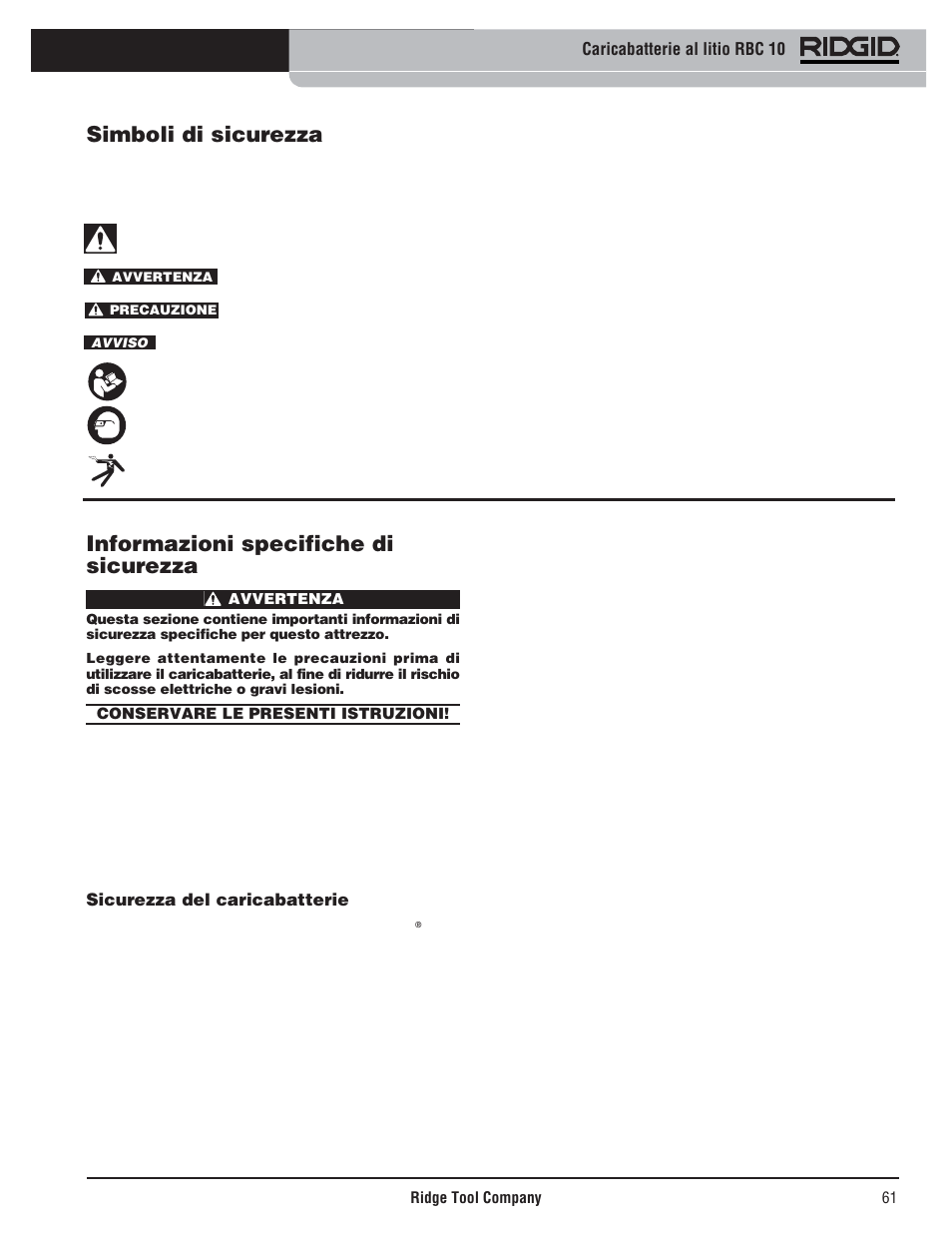 Informazioni specifiche di sicurezza, Simboli di sicurezza | RIDGID RBC 10 Li-Ion Charger User Manual | Page 63 / 221