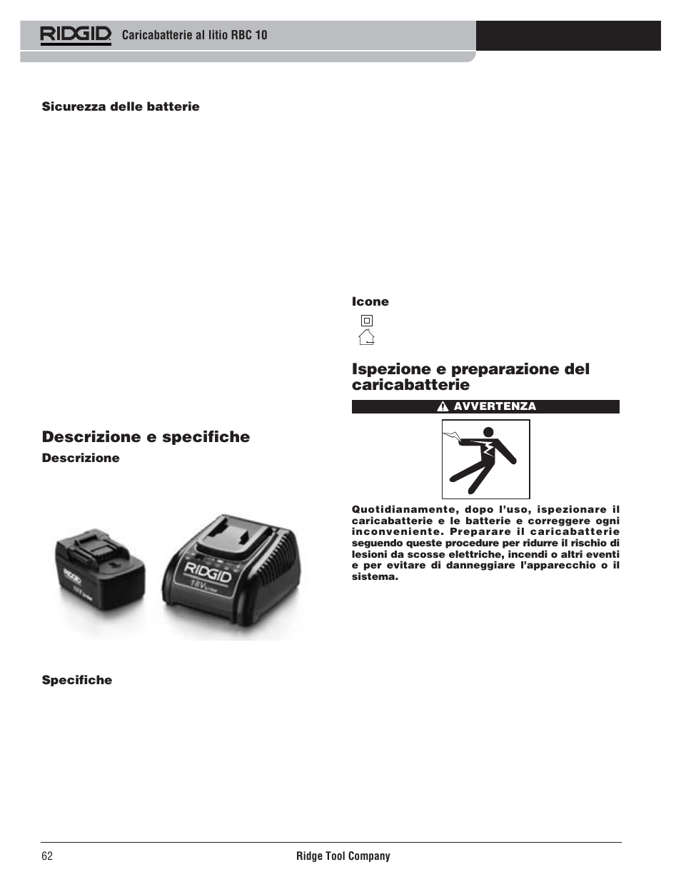 Descrizione e specifiche, Ispezione e preparazione del caricabatterie | RIDGID RBC 10 Li-Ion Charger User Manual | Page 64 / 221