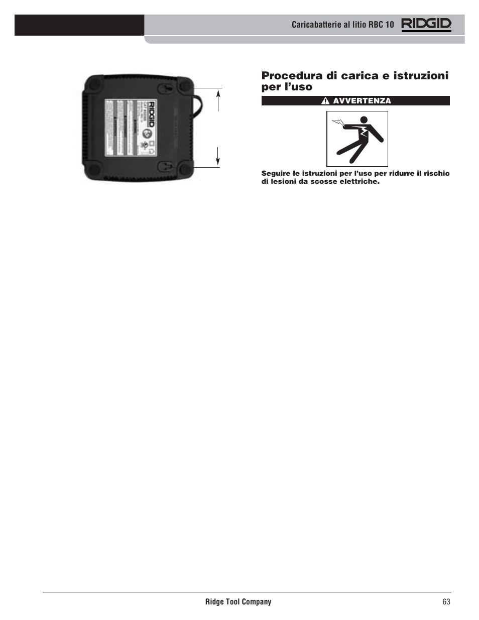 Procedura di carica e istruzioni per l’uso | RIDGID RBC 10 Li-Ion Charger User Manual | Page 65 / 221