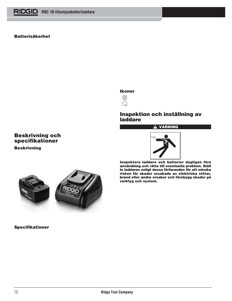 Beskrivning och specifikationer, Inspektion och inställning av laddare | RIDGID RBC 10 Li-Ion Charger User Manual | Page 74 / 221