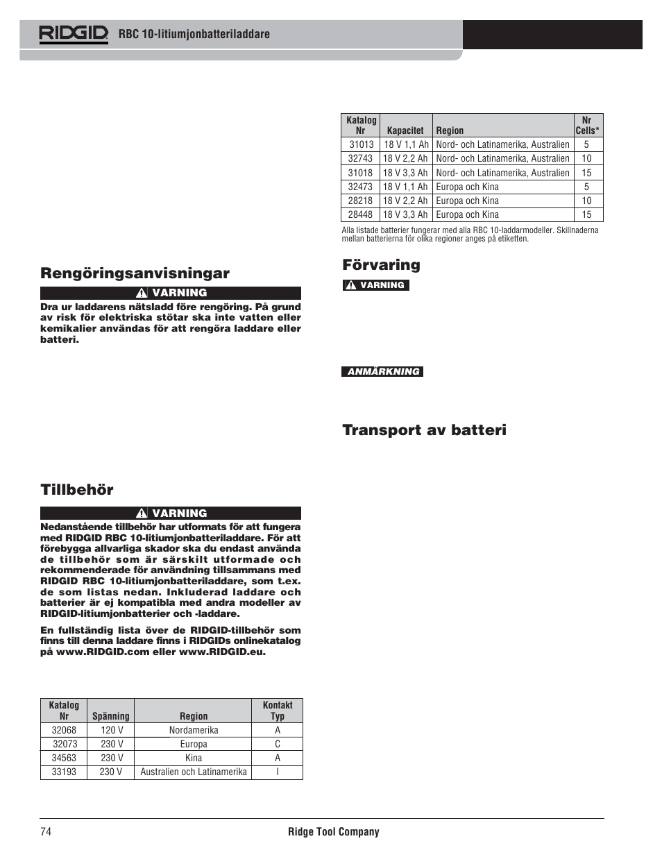 Förvaring, Transport av batteri, Rengöringsanvisningar | Tillbehör | RIDGID RBC 10 Li-Ion Charger User Manual | Page 76 / 221