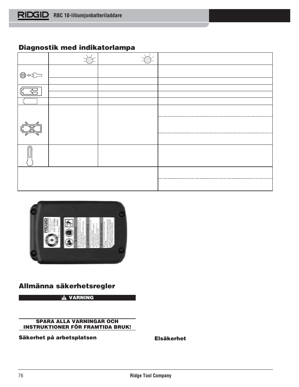 Diagnostik med indikatorlampa, Allmänna säkerhetsregler | RIDGID RBC 10 Li-Ion Charger User Manual | Page 78 / 221