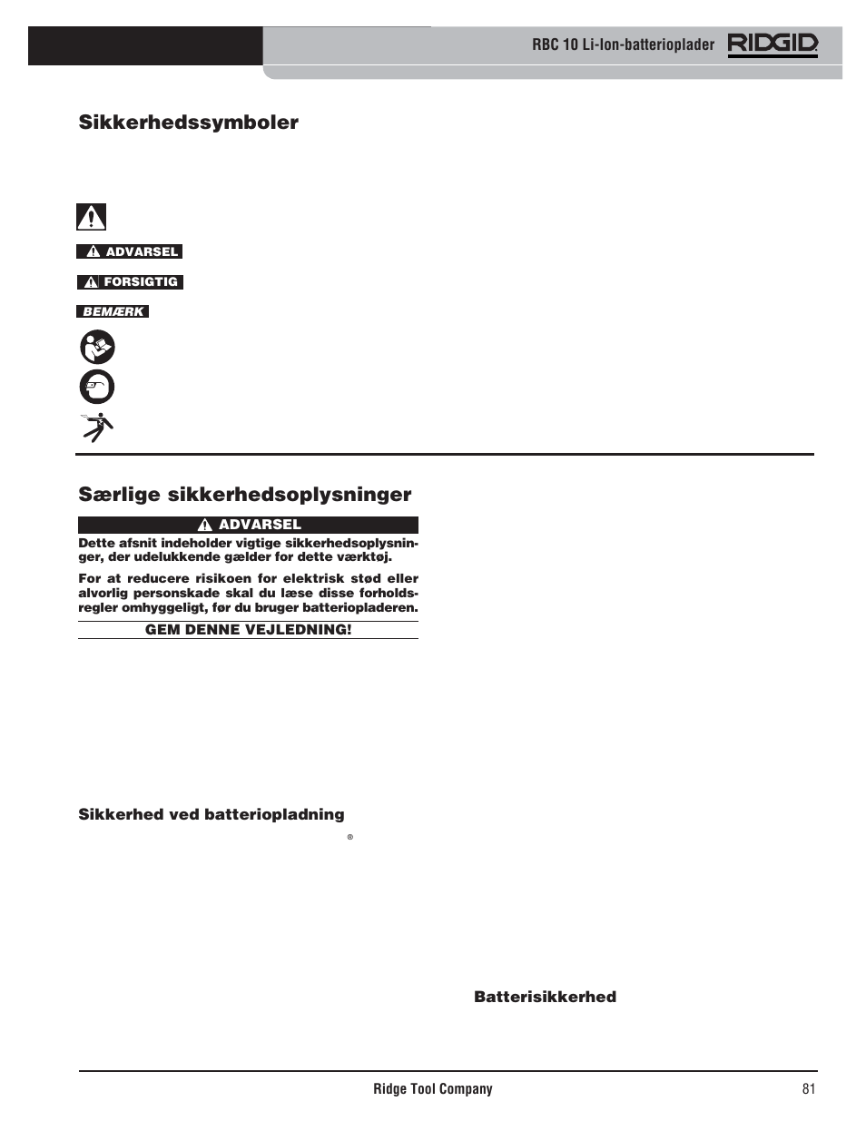 Særlige sikkerhedsoplysninger, Sikkerhedssymboler | RIDGID RBC 10 Li-Ion Charger User Manual | Page 83 / 221