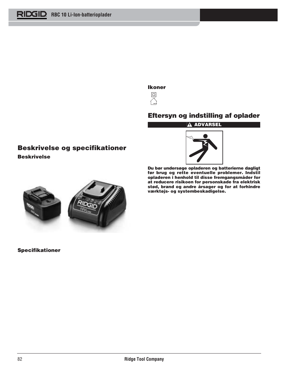 Beskrivelse og specifikationer, Eftersyn og indstilling af oplader | RIDGID RBC 10 Li-Ion Charger User Manual | Page 84 / 221