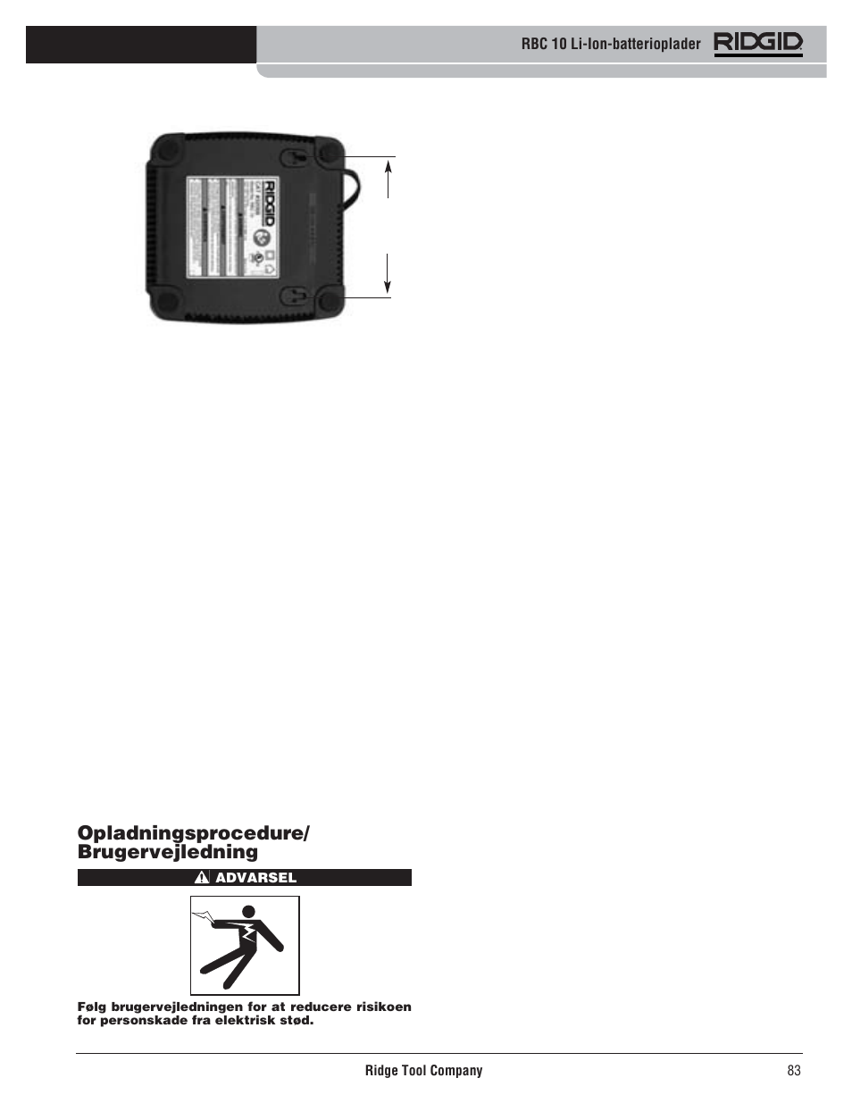 Opladningsprocedure/ brugervejledning | RIDGID RBC 10 Li-Ion Charger User Manual | Page 85 / 221