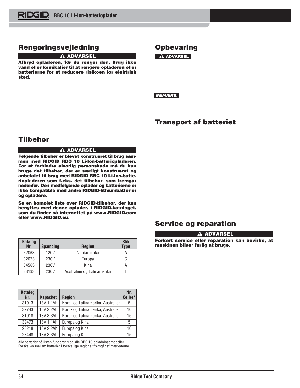 Opbevaring, Transport af batteriet, Service og reparation | Rengøringsvejledning, Tilbehør | RIDGID RBC 10 Li-Ion Charger User Manual | Page 86 / 221