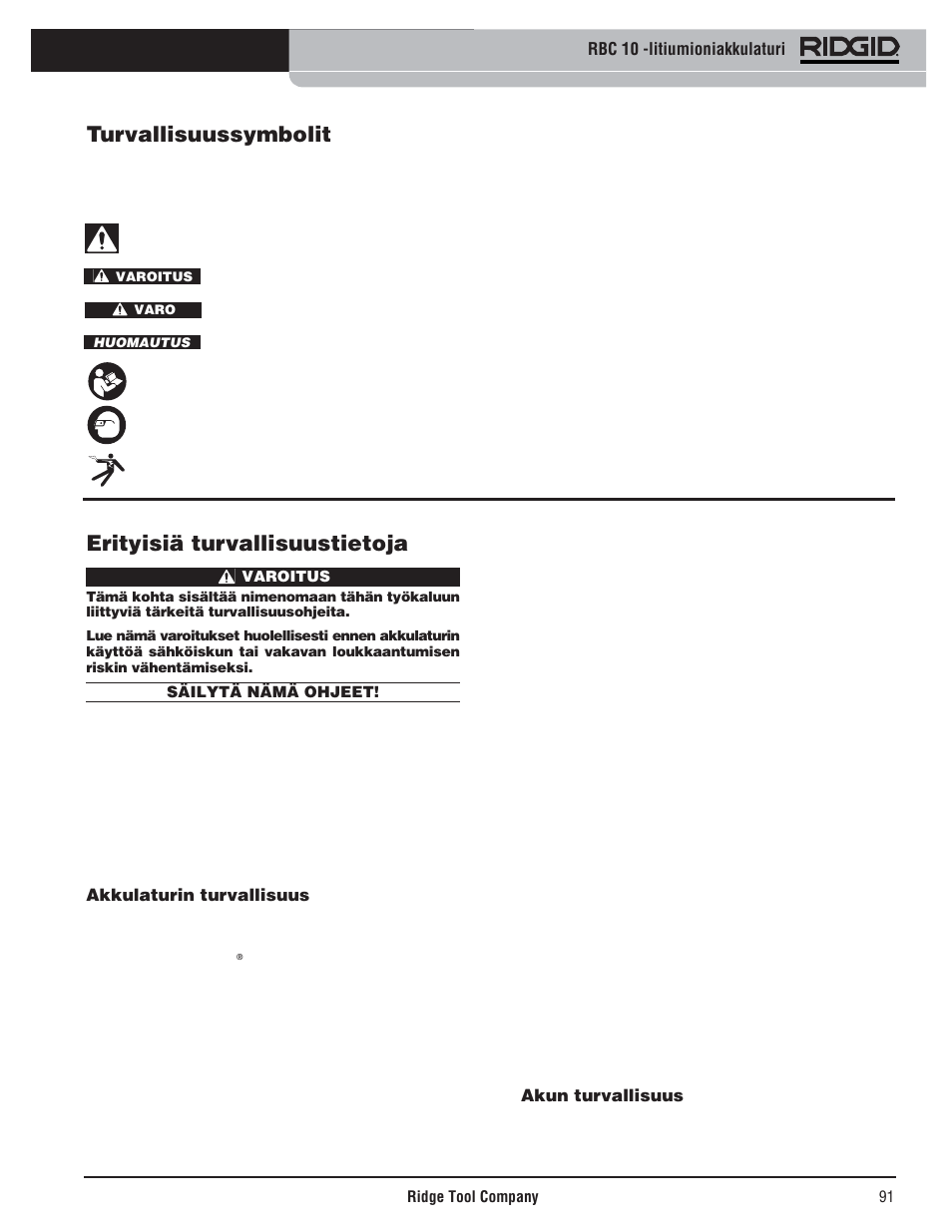 Erityisiä turvallisuustietoja, Turvallisuussymbolit | RIDGID RBC 10 Li-Ion Charger User Manual | Page 93 / 221