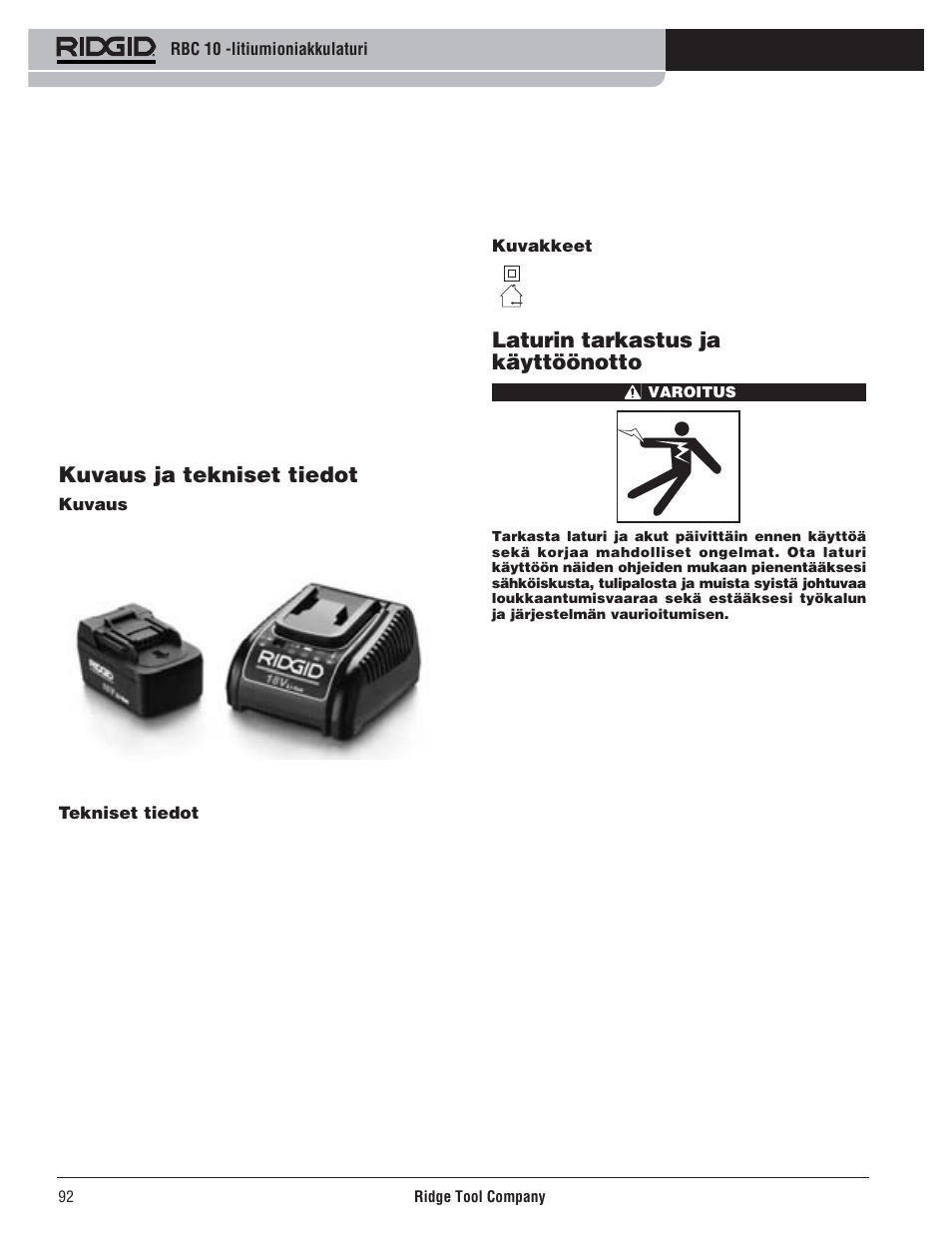 Kuvaus ja tekniset tiedot, Laturin tarkastus ja käyttöönotto | RIDGID RBC 10 Li-Ion Charger User Manual | Page 94 / 221