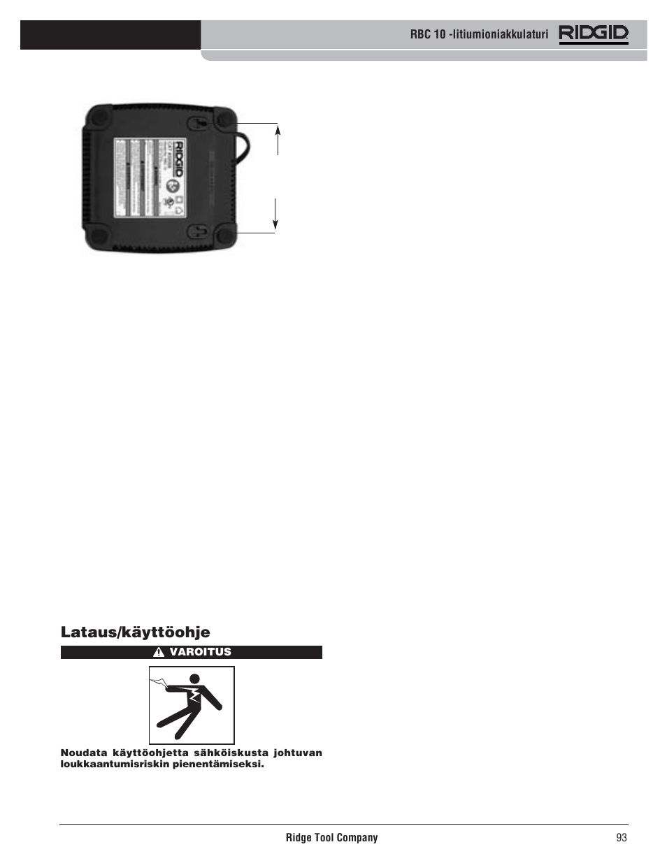 Lataus/käyttöohje | RIDGID RBC 10 Li-Ion Charger User Manual | Page 95 / 221