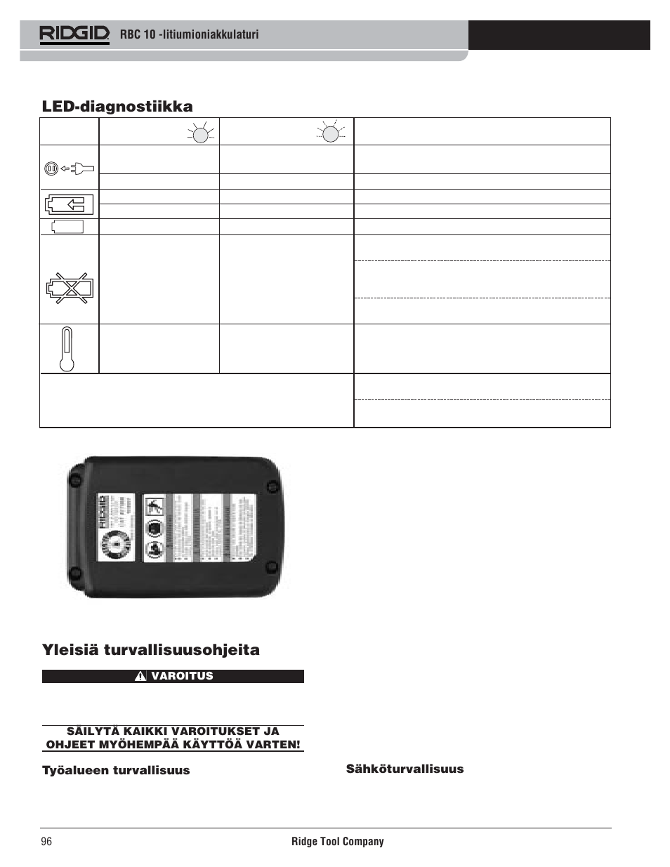 Led-diagnostiikka, Yleisiä turvallisuusohjeita | RIDGID RBC 10 Li-Ion Charger User Manual | Page 98 / 221