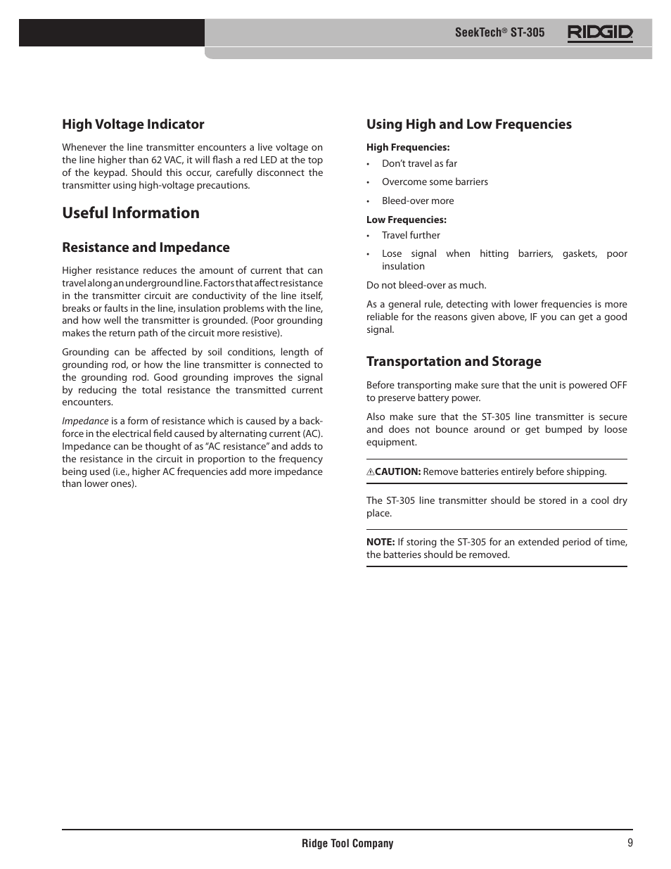 Useful information, High voltage indicator, Resistance and impedance | Using high and low frequencies, Transportation and storage | RIDGID SeekTech ST-305 User Manual | Page 10 / 141