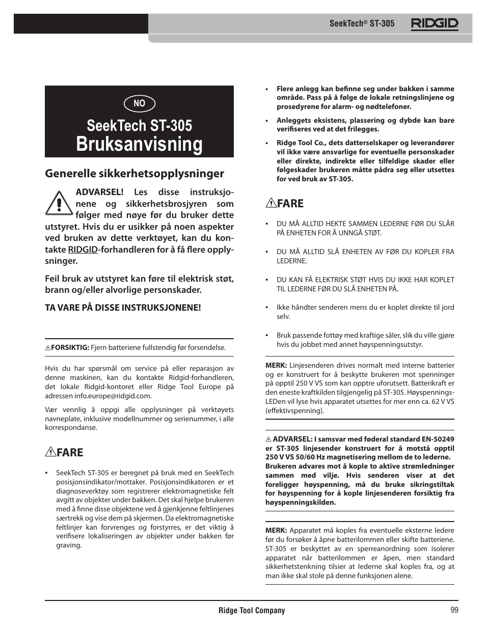 Bruksanvisning, Seektech st-305, Fare | Generelle sikkerhetsopplysninger | RIDGID SeekTech ST-305 User Manual | Page 100 / 141