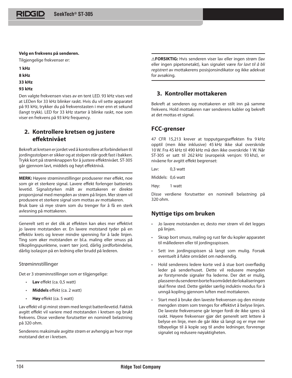 Kontrollere kretsen og justere effektnivået, Kontroller mottakeren, Fcc-grenser | Nyttige tips om bruken | RIDGID SeekTech ST-305 User Manual | Page 105 / 141