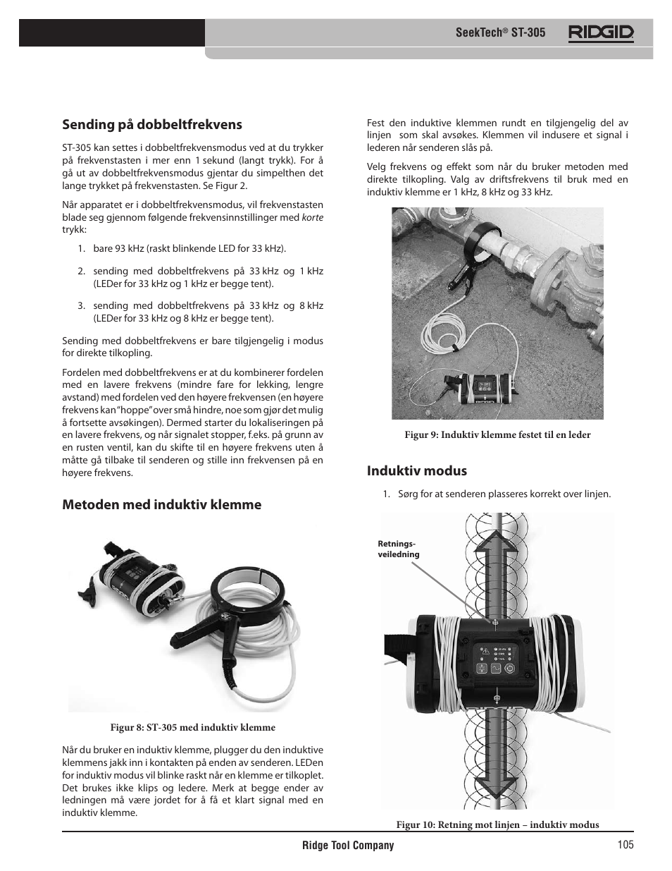 Sending på dobbeltfrekvens, Metoden med induktiv klemme, Induktiv modus | RIDGID SeekTech ST-305 User Manual | Page 106 / 141